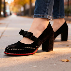 Women's Velvet Mary Jane Pumps | Elegant Block Heel Bow Shoes 2