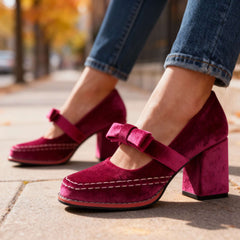 Women's Velvet Mary Jane Pumps | Elegant Block Heel Bow Shoes 3