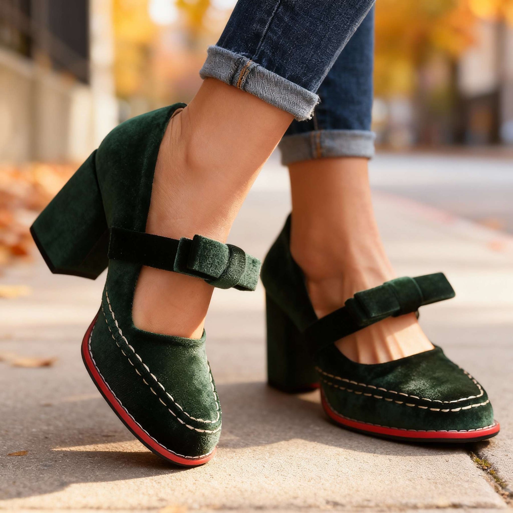 Women's Velvet Mary Jane Pumps | Elegant Block Heel Bow Shoes 4