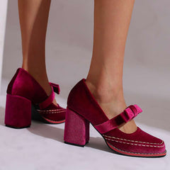 Women's Velvet Mary Jane Pumps | Elegant Block Heel Bow Shoes 6