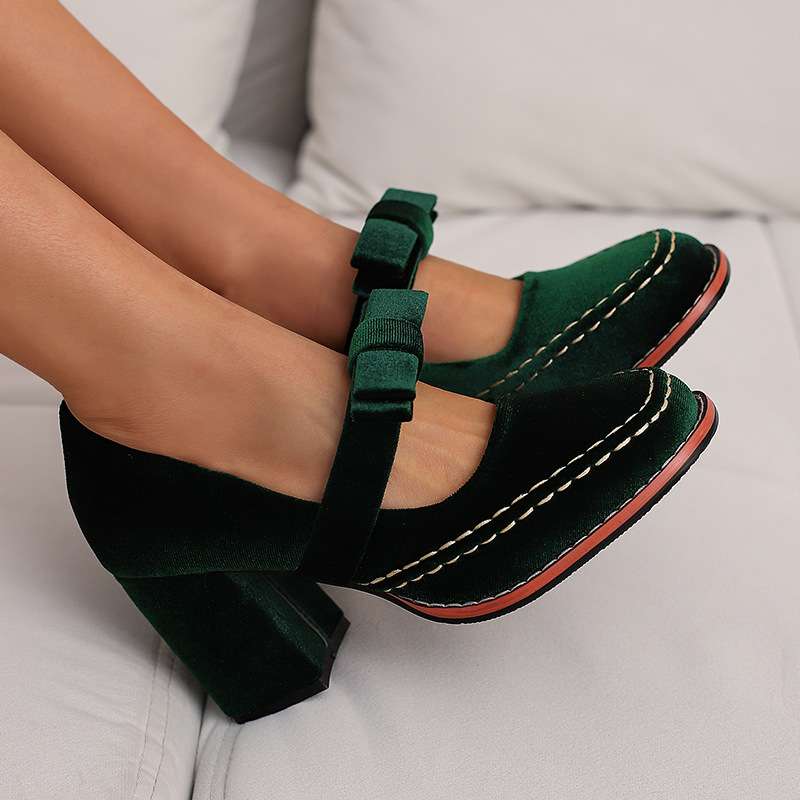 Women's Velvet Mary Jane Pumps | Elegant Block Heel Bow Shoes 7