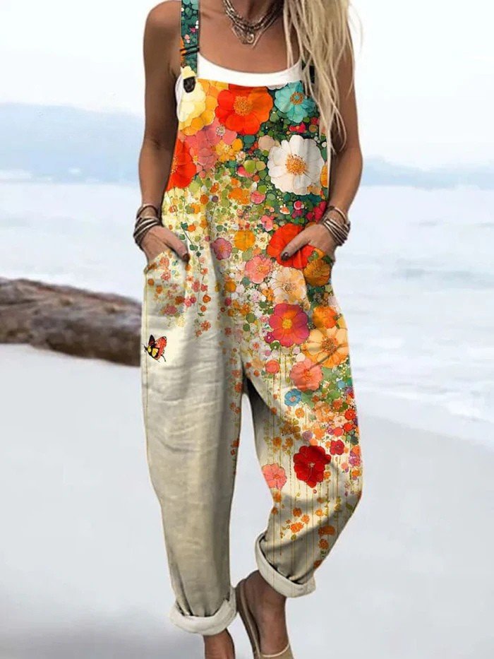 Women's Vibrant Floral Print Jumpsuit | Stylish Sleeveless Wide Leg Summer Outfit 0