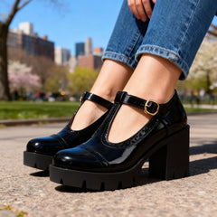 Women's Vintage-Inspired Leather T-Strap Mary Jane | Elegant Block Heel Shoes 7
