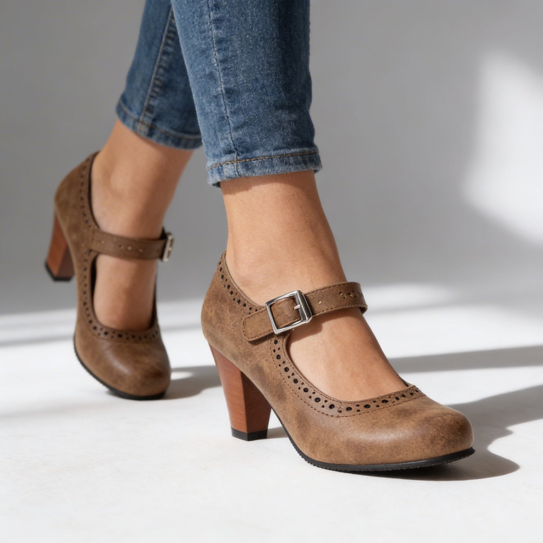 Women's Vintage Leather Mary Jane Pumps | Elegant Block Heel Brogue Shoes 0