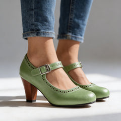Women's Vintage Leather Mary Jane Pumps | Elegant Block Heel Brogue Shoes 8