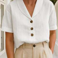 Women's White Cotton Blend Blouse | Elegant Relaxed-Fit Short-Sleeve Summer Top 0