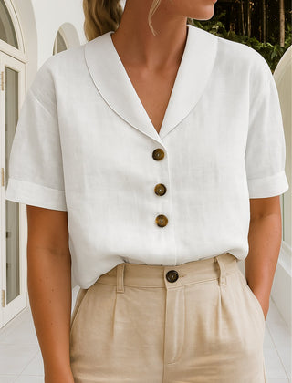 Women's White Cotton Blend Blouse | Elegant Relaxed-Fit Short-Sleeve Summer Top 0