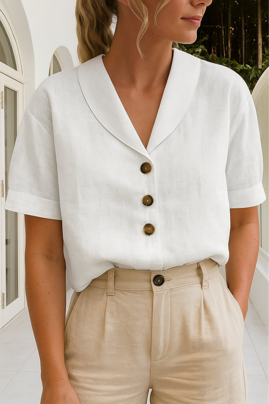 Women's White Cotton Blend Blouse | Elegant Relaxed-Fit Short-Sleeve Summer Top 0