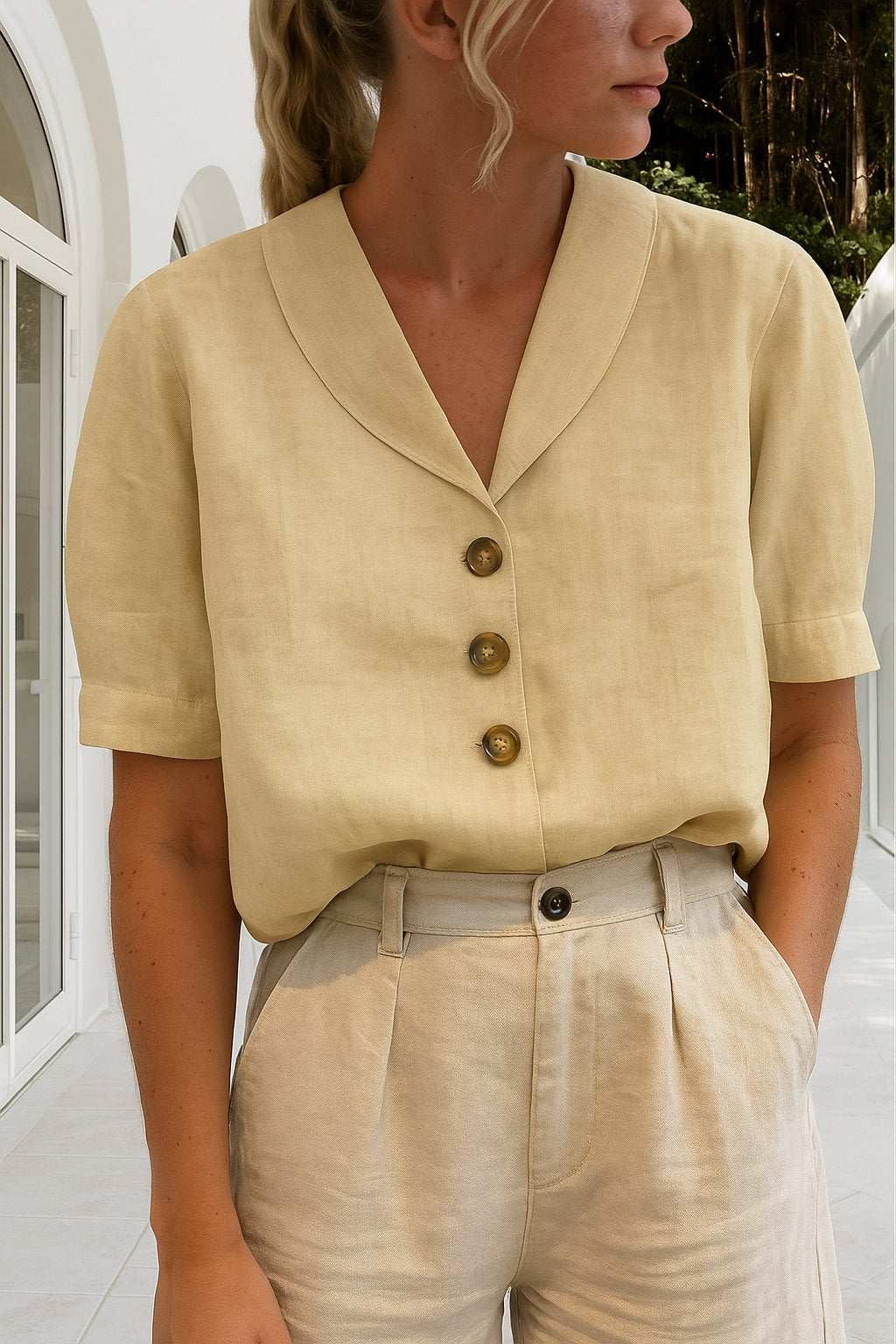 Women's White Cotton Blend Blouse | Elegant Relaxed-Fit Short-Sleeve Summer Top 1
