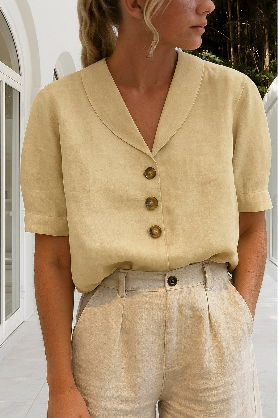 Women's White Cotton Blend Blouse | Elegant Relaxed-Fit Short-Sleeve Summer Top 1