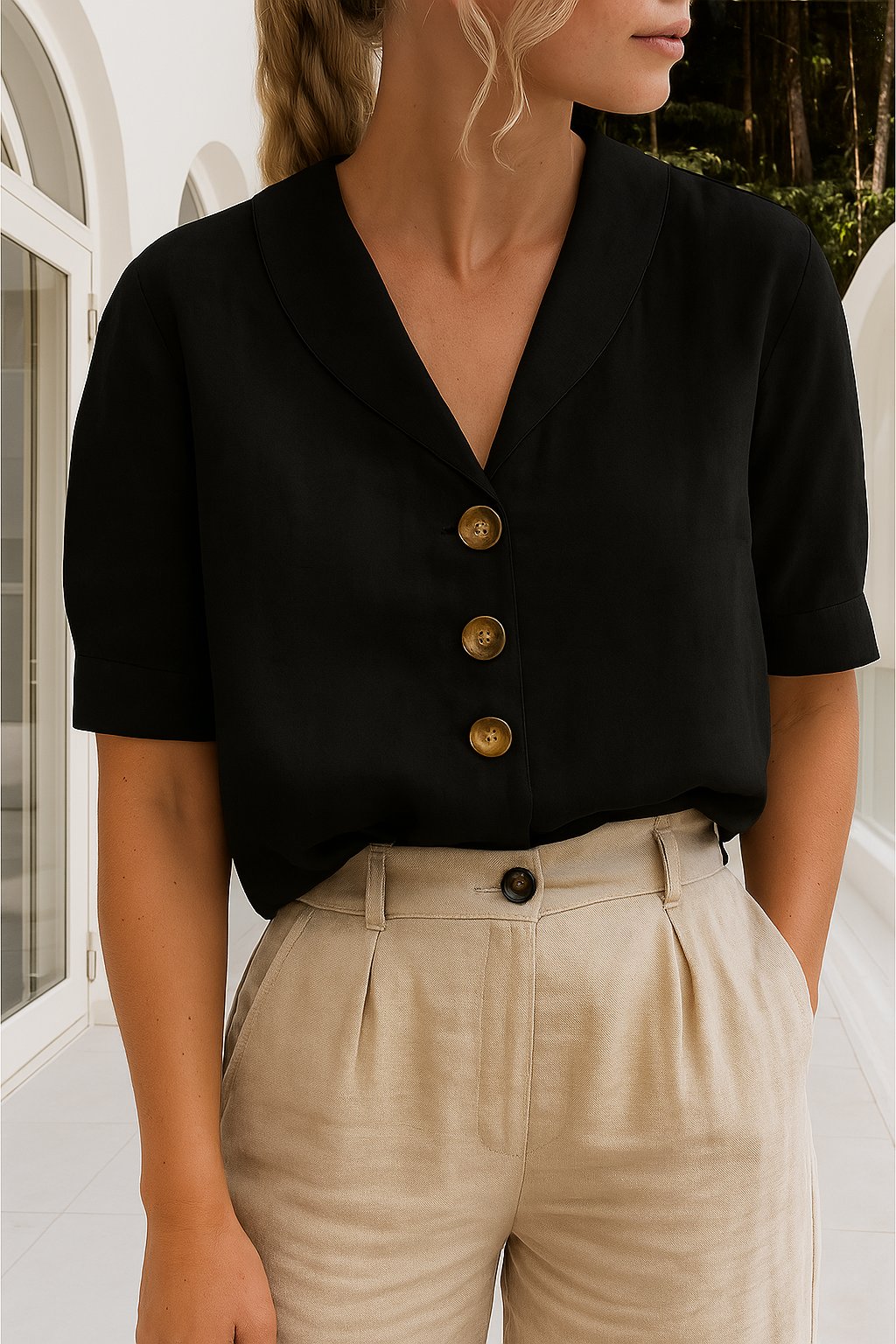 Women's White Cotton Blend Blouse | Elegant Relaxed-Fit Short-Sleeve Summer Top 2