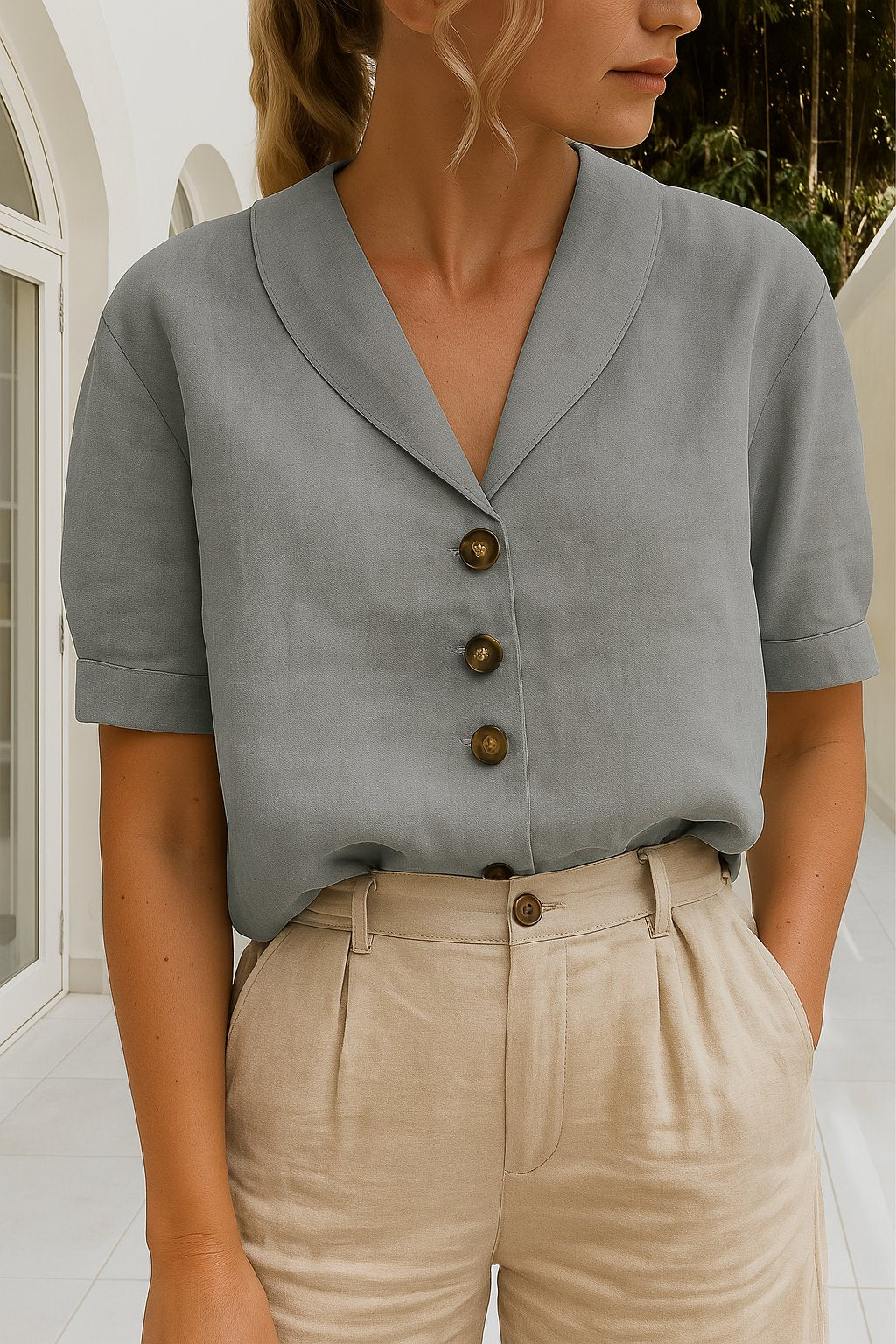 Women's White Cotton Blend Blouse | Elegant Relaxed-Fit Short-Sleeve Summer Top 3