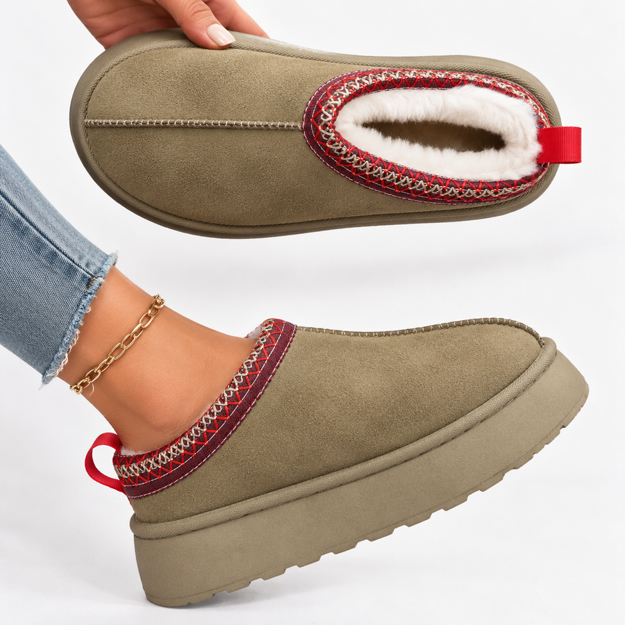 Women's Suede Slip On Winter Slippers with Faux Fur Lining and Embroidered Collar