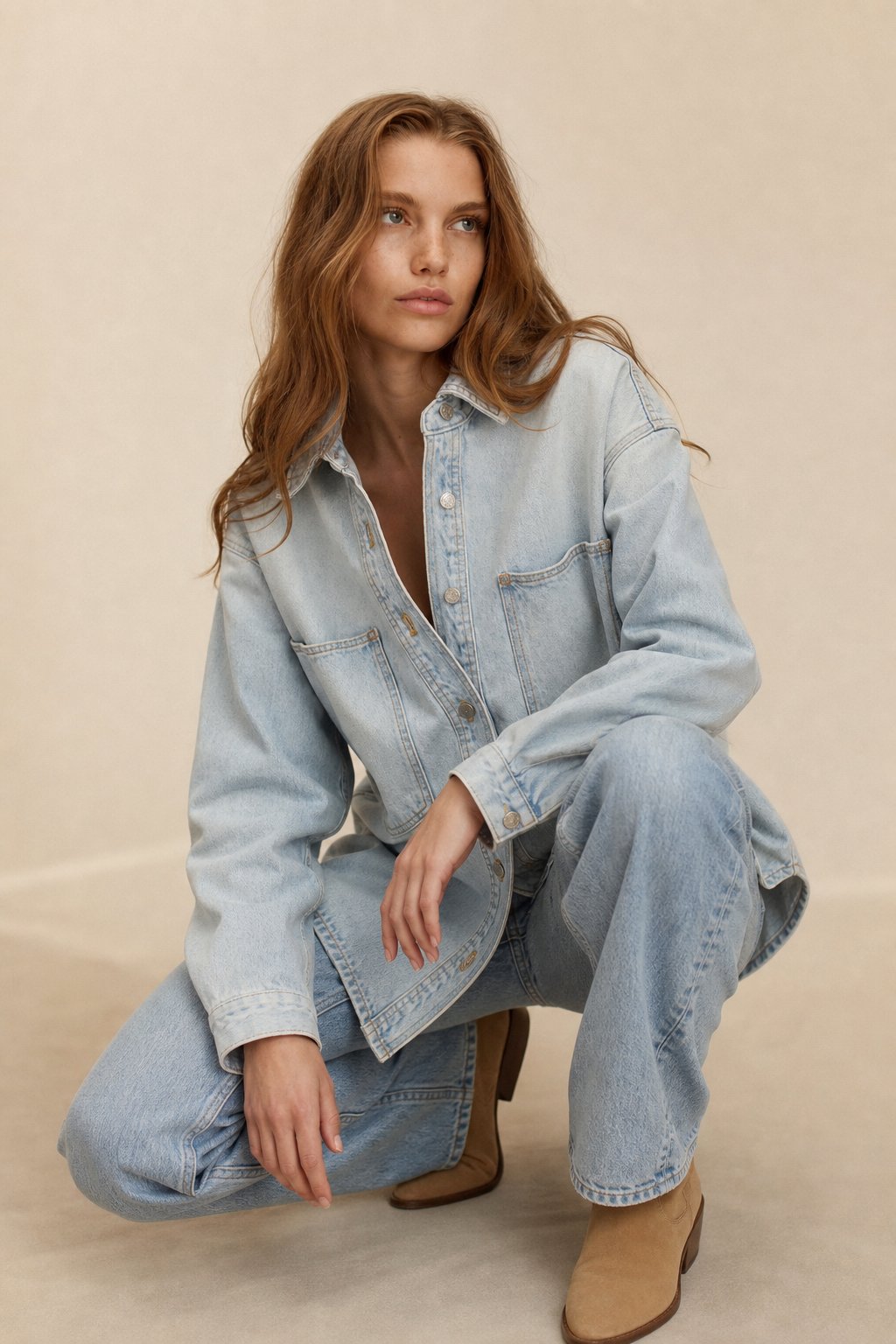 Women's Oversized Denim Shirt with Button Front and Chest Pockets