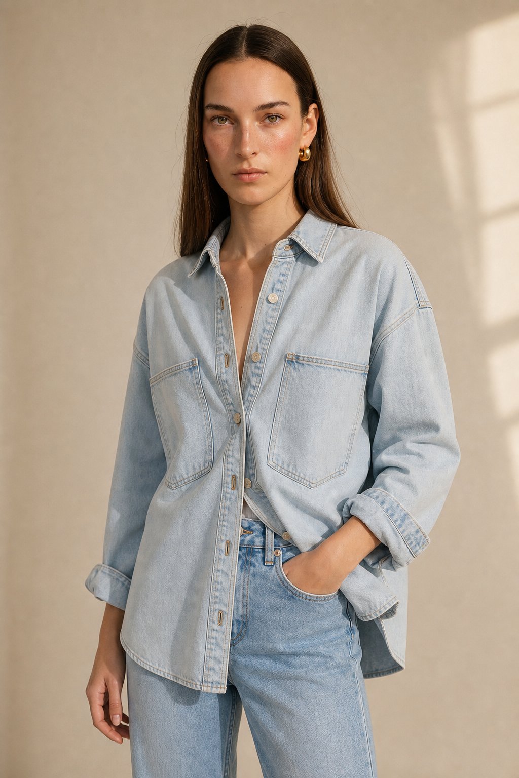 Women's Oversized Denim Shirt with Button Front and Chest Pockets