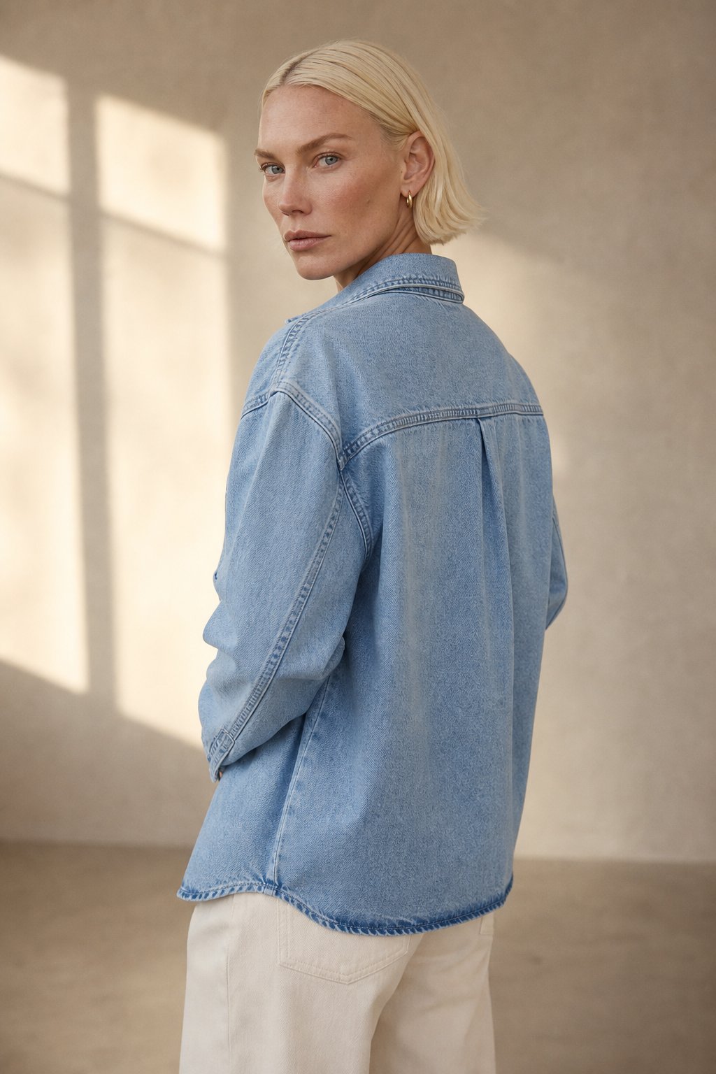 Women's Oversized Denim Shirt with Button Front and Chest Pockets