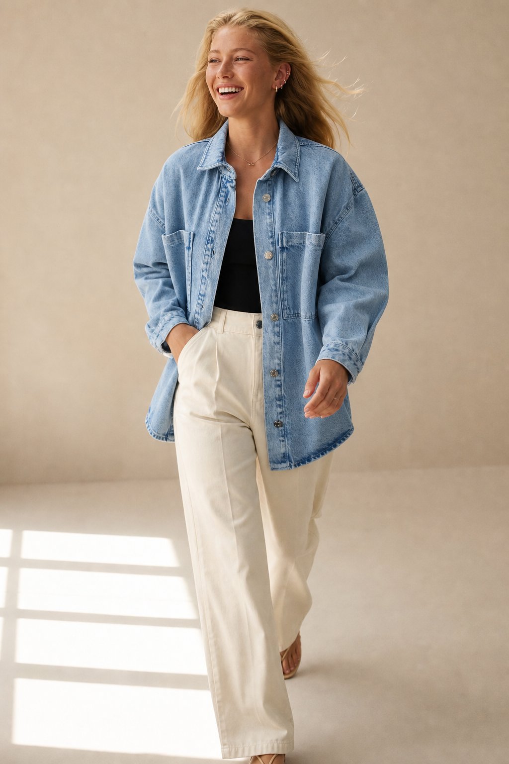 Women's Oversized Denim Shirt with Button Front and Chest Pockets