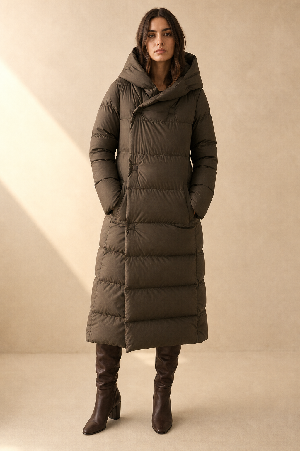 Women's Long Down Puffer Coat with Hood and Zip Front