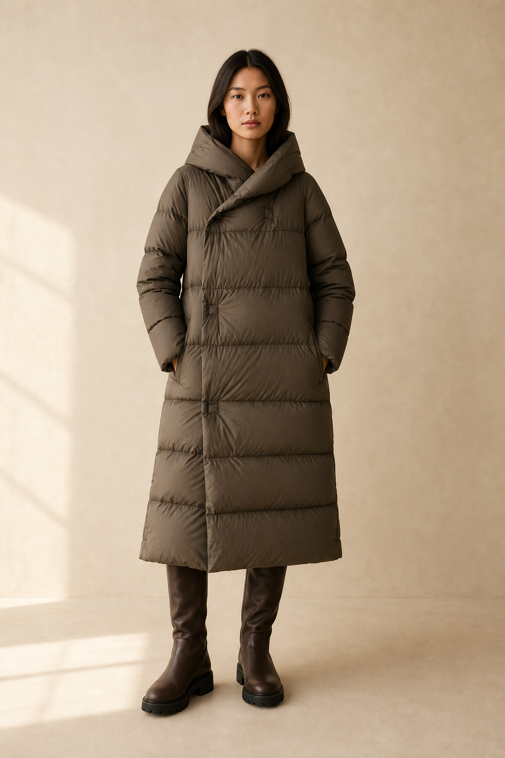 Women's Long Down Puffer Coat with Hood and Zip Front