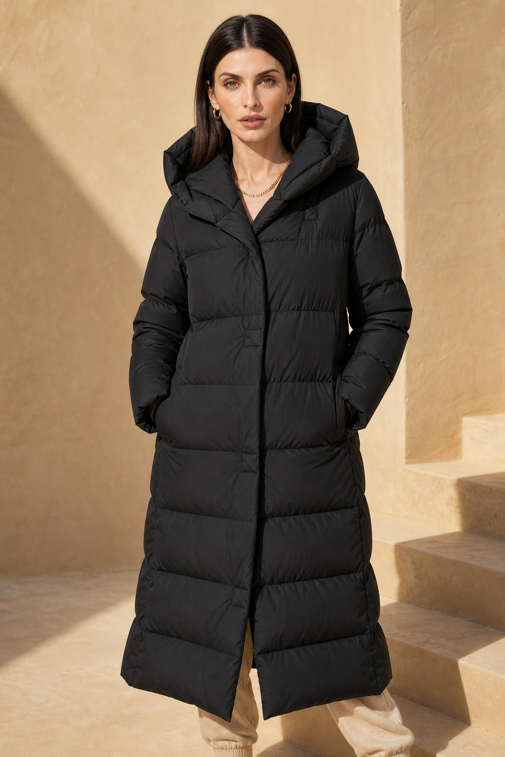Women's Long Down Puffer Coat with Hood and Zip Front