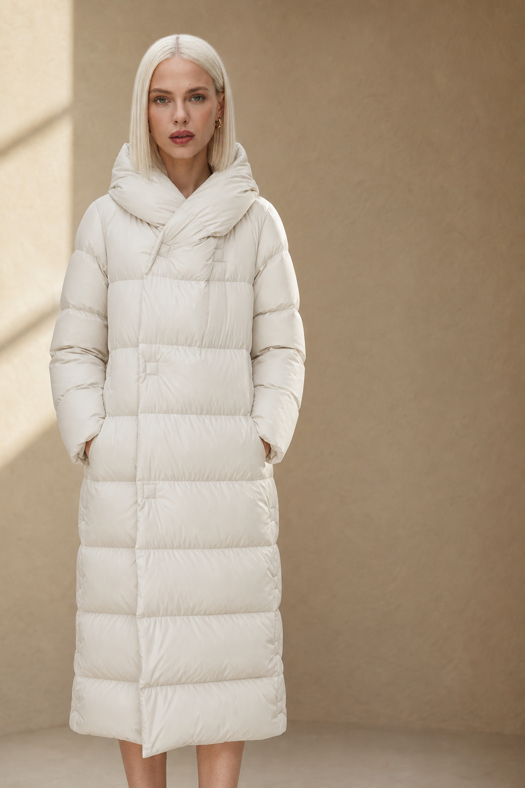 Women's Long Down Puffer Coat with Hood and Zip Front