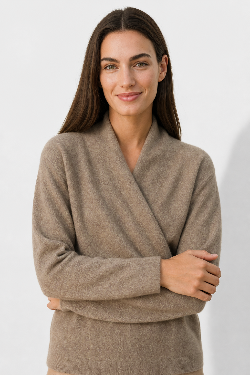 Women's V Neck Knit Sweater with Wrap Front and Long Sleeves