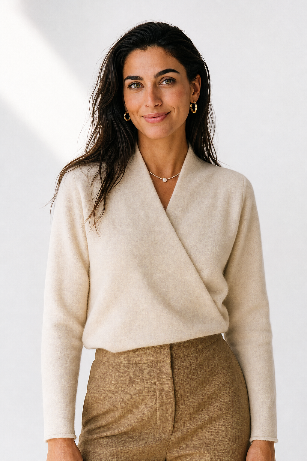 Women's V Neck Knit Sweater with Wrap Front and Long Sleeves