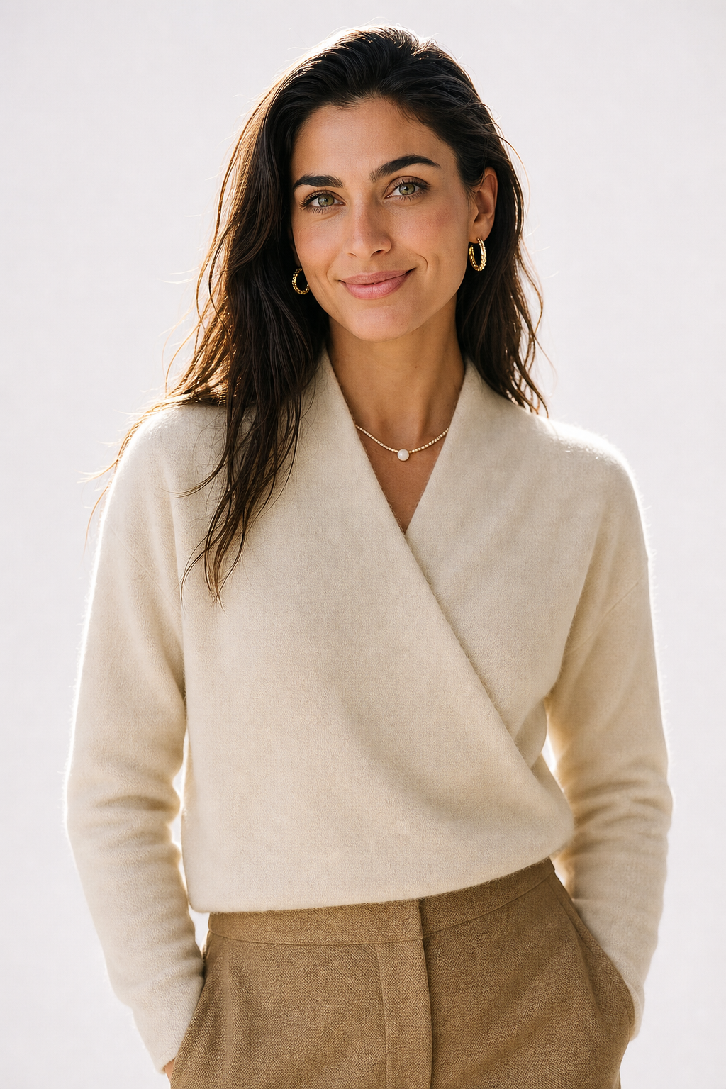 Women's V Neck Knit Sweater with Wrap Front and Long Sleeves