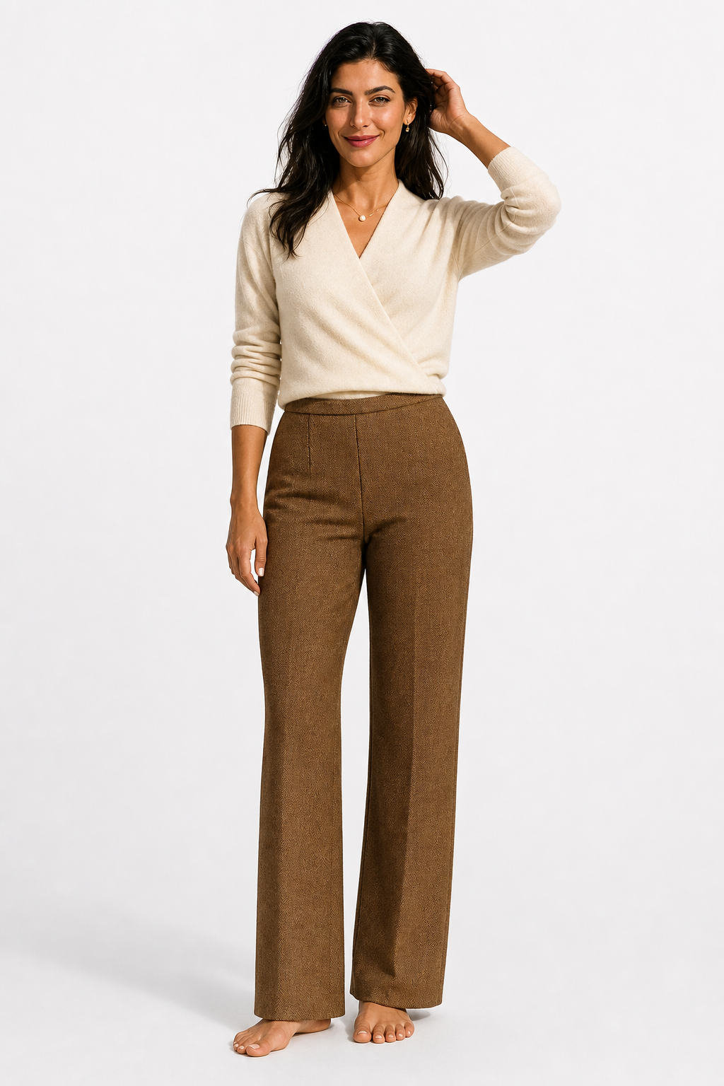 Women's V Neck Knit Sweater with Wrap Front and Long Sleeves