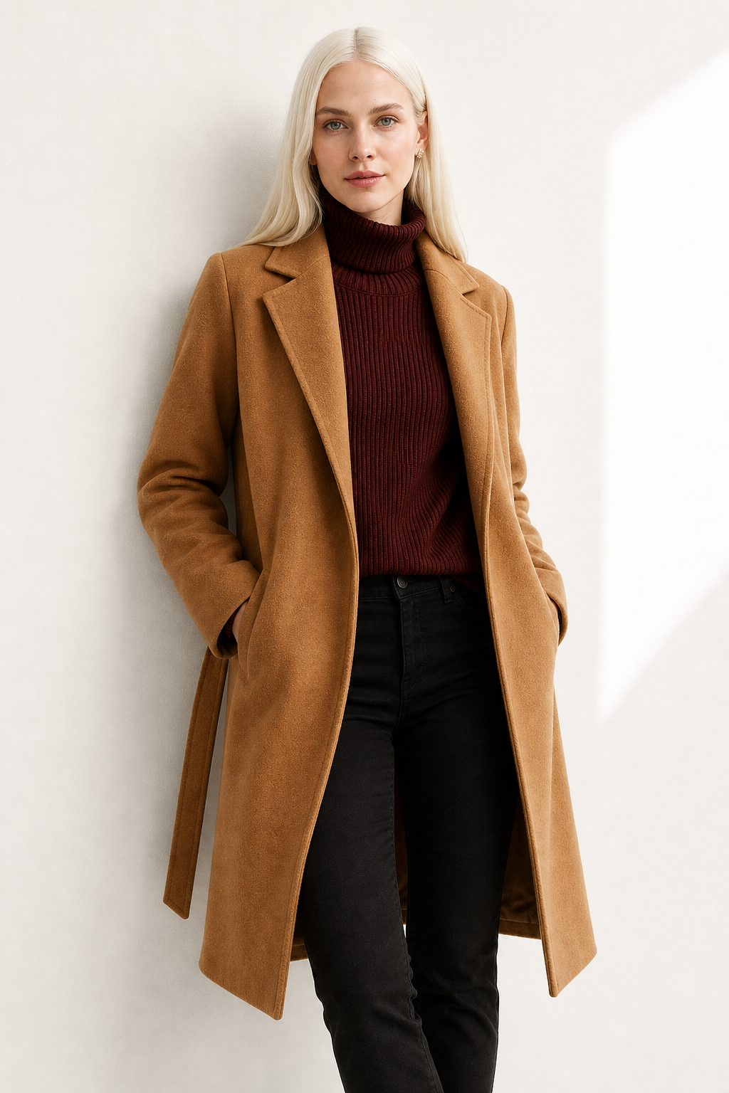 Women's Wool Blend Coat with Tie Belt and Notch Lapel