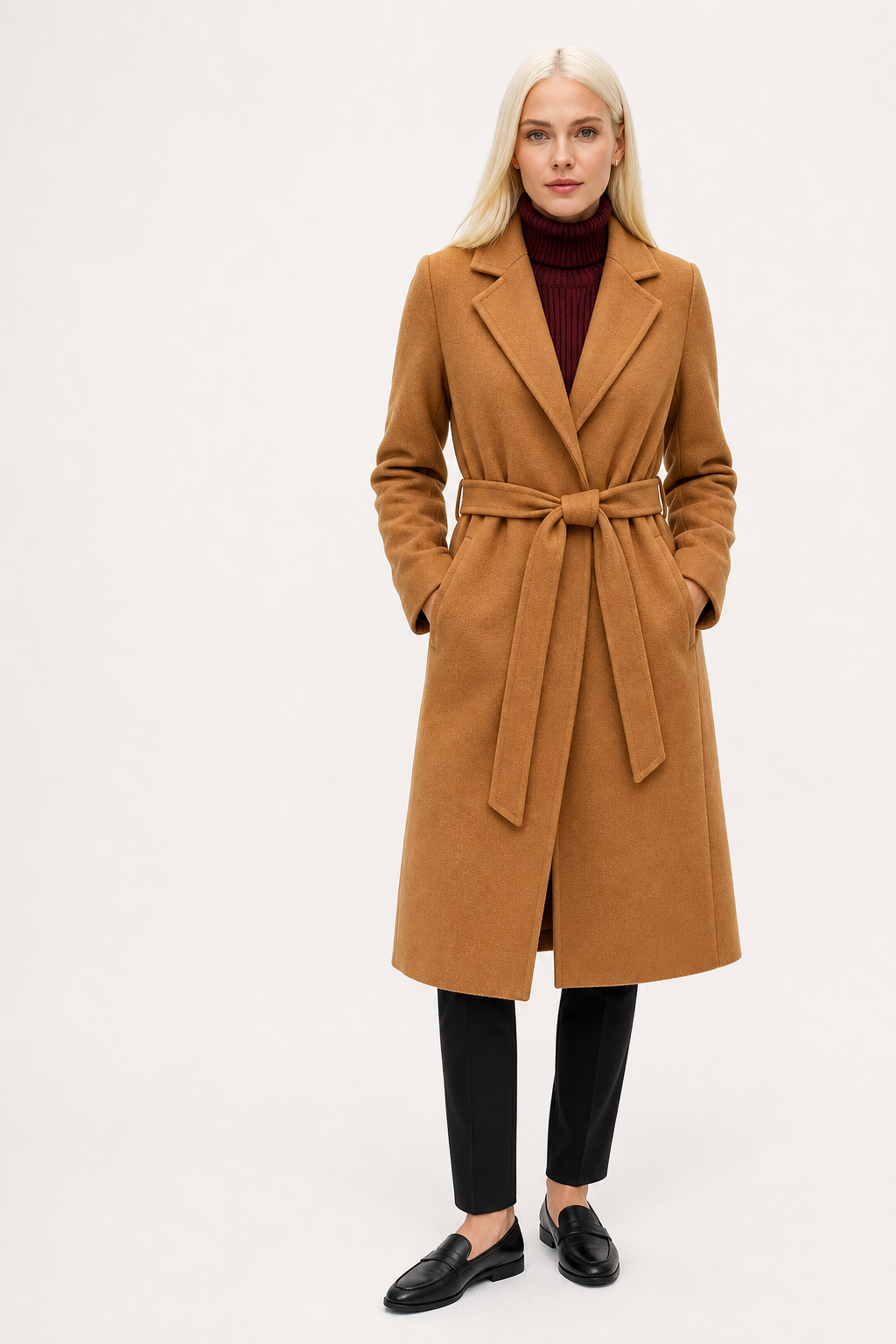 Women's Wool Blend Coat with Tie Belt and Notch Lapel