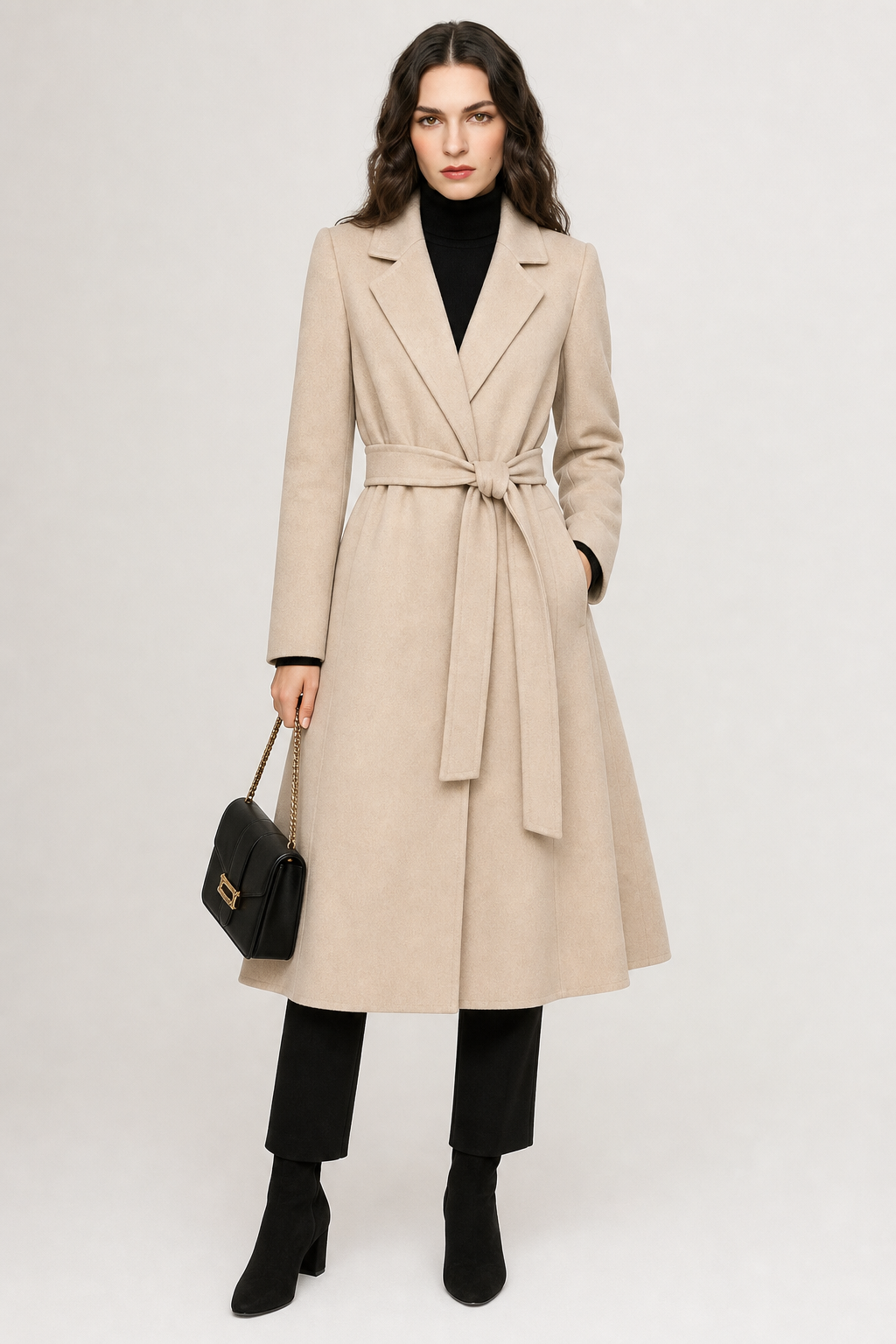 Women's Wool Blend Coat with Tie Belt and Notch Lapel