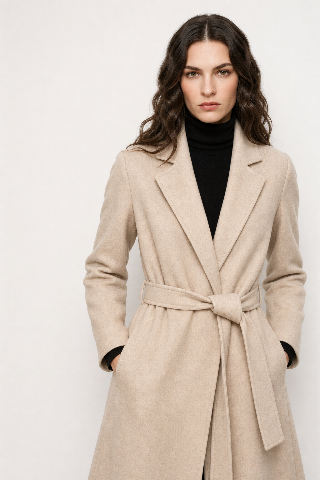 Women's Wool Blend Coat with Tie Belt and Notch Lapel