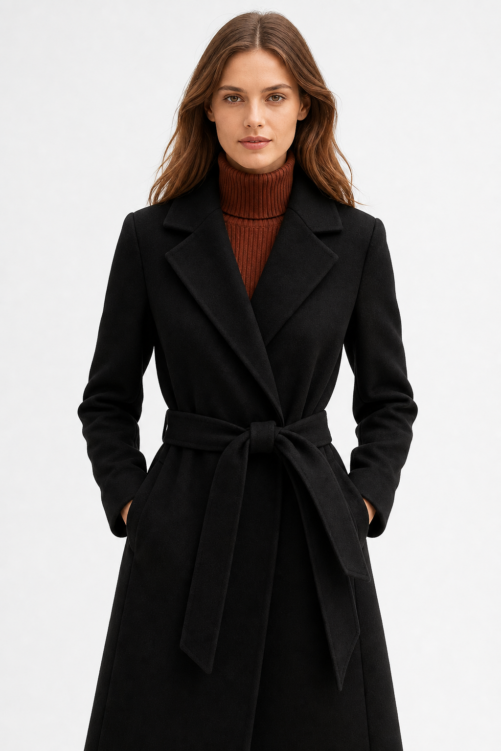 Women's Wool Blend Coat with Tie Belt and Notch Lapel