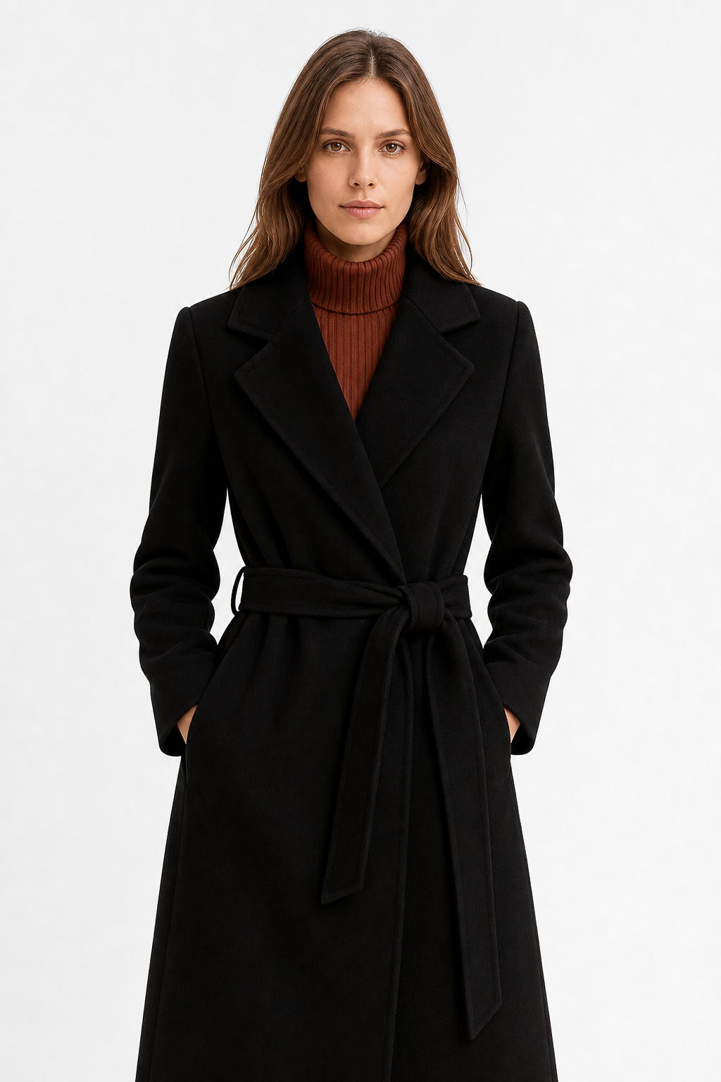 Women's Wool Blend Coat with Tie Belt and Notch Lapel