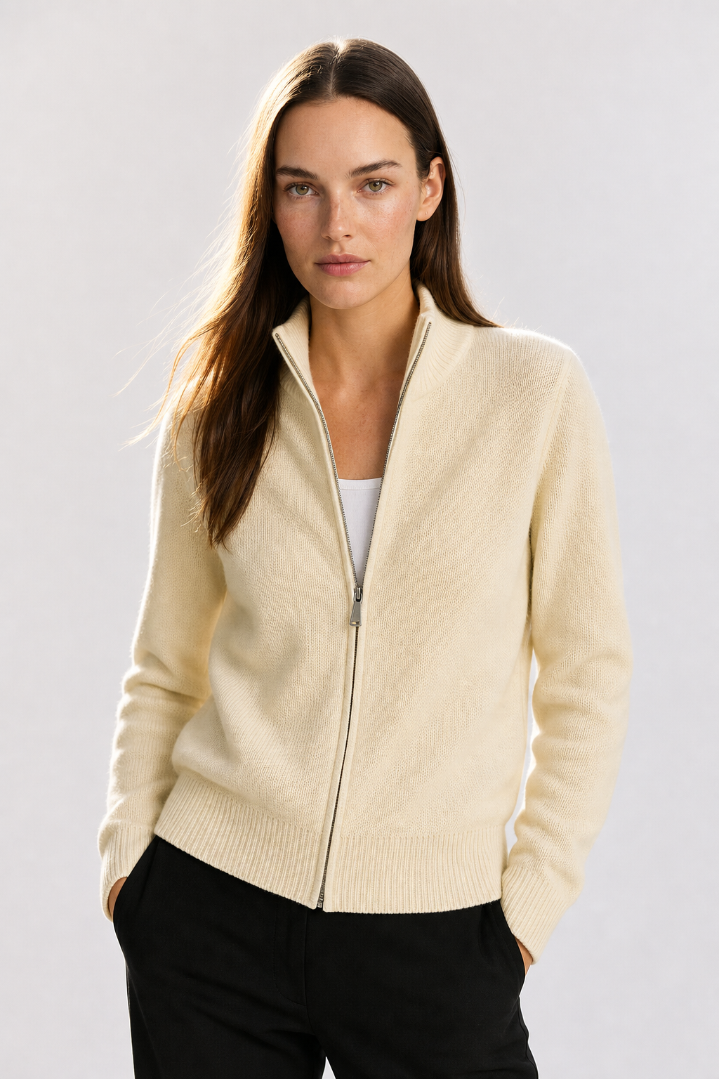 Women's Wool Zip Up Cardigan with Ribbed Cuffs and High Collar
