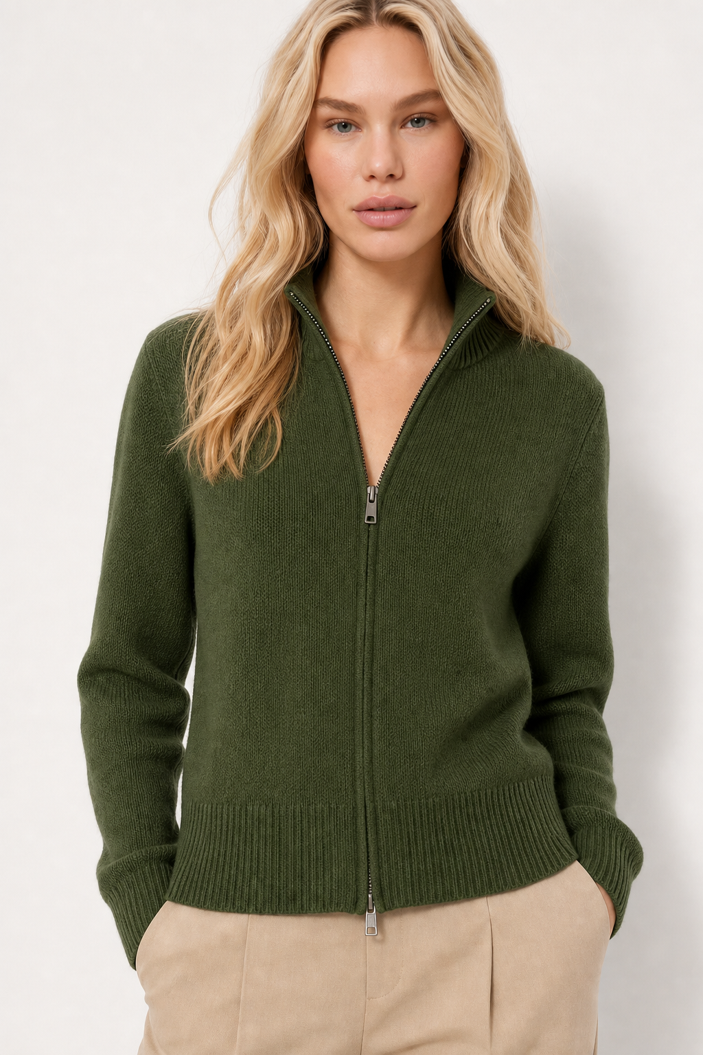Women's Wool Zip Up Cardigan with Ribbed Cuffs and High Collar