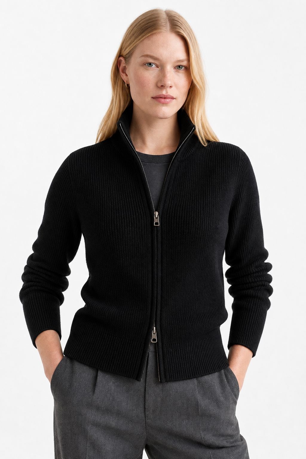 Women's Wool Zip Up Cardigan with Ribbed Cuffs and High Collar