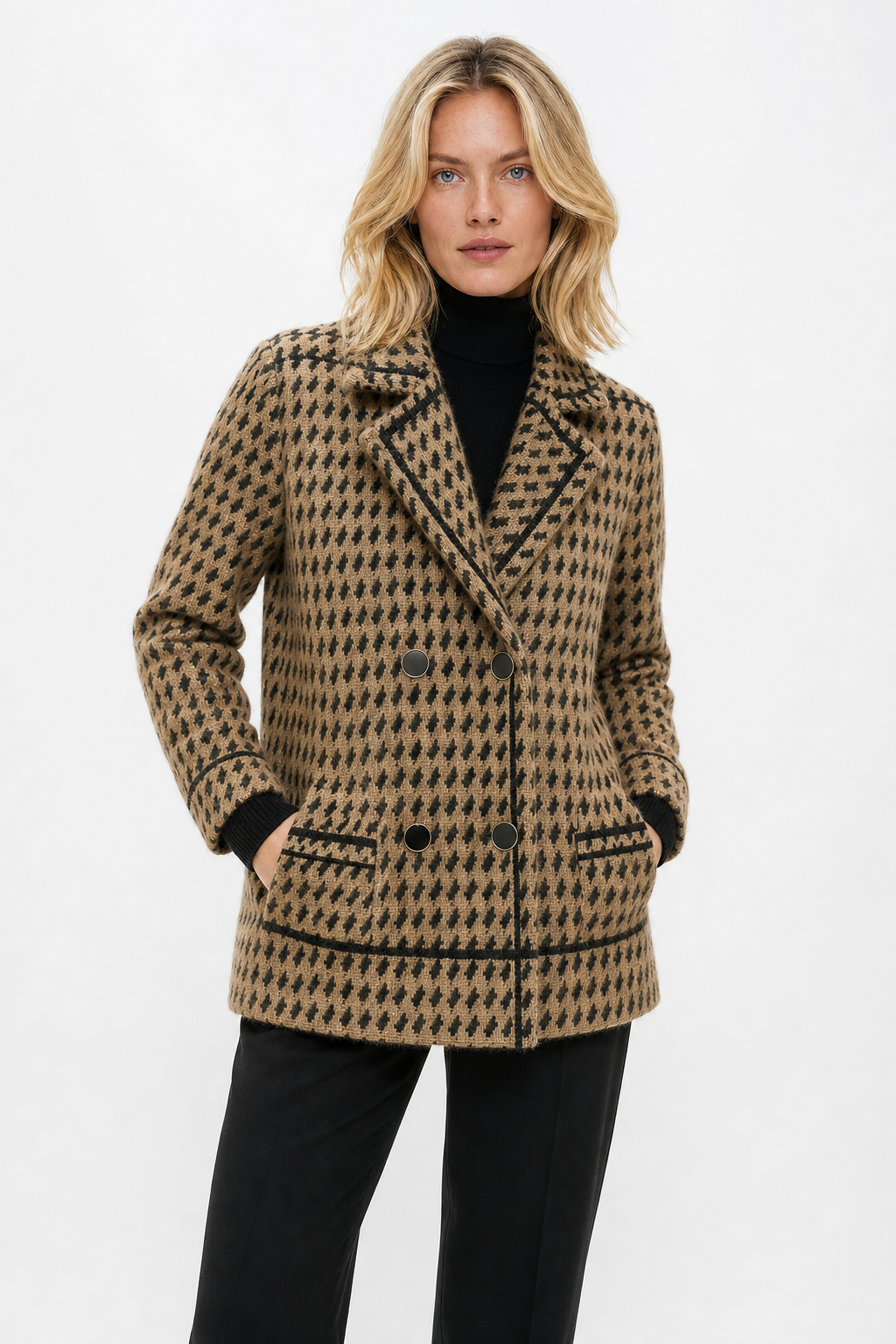 Women's Houndstooth Knit Jacket with Double Breasted Button Front