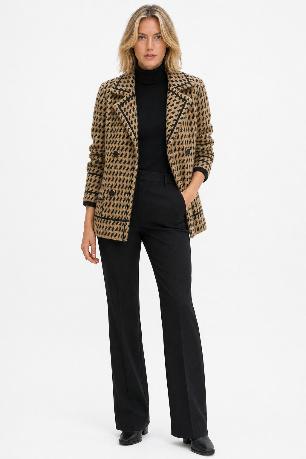 Women's Houndstooth Knit Jacket with Double Breasted Button Front