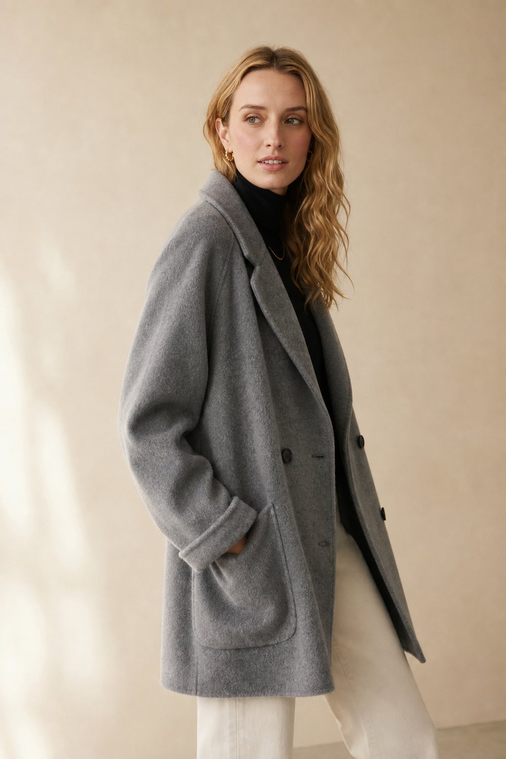 Women's Double Breasted Wool Blend Coat with Notch Lapel