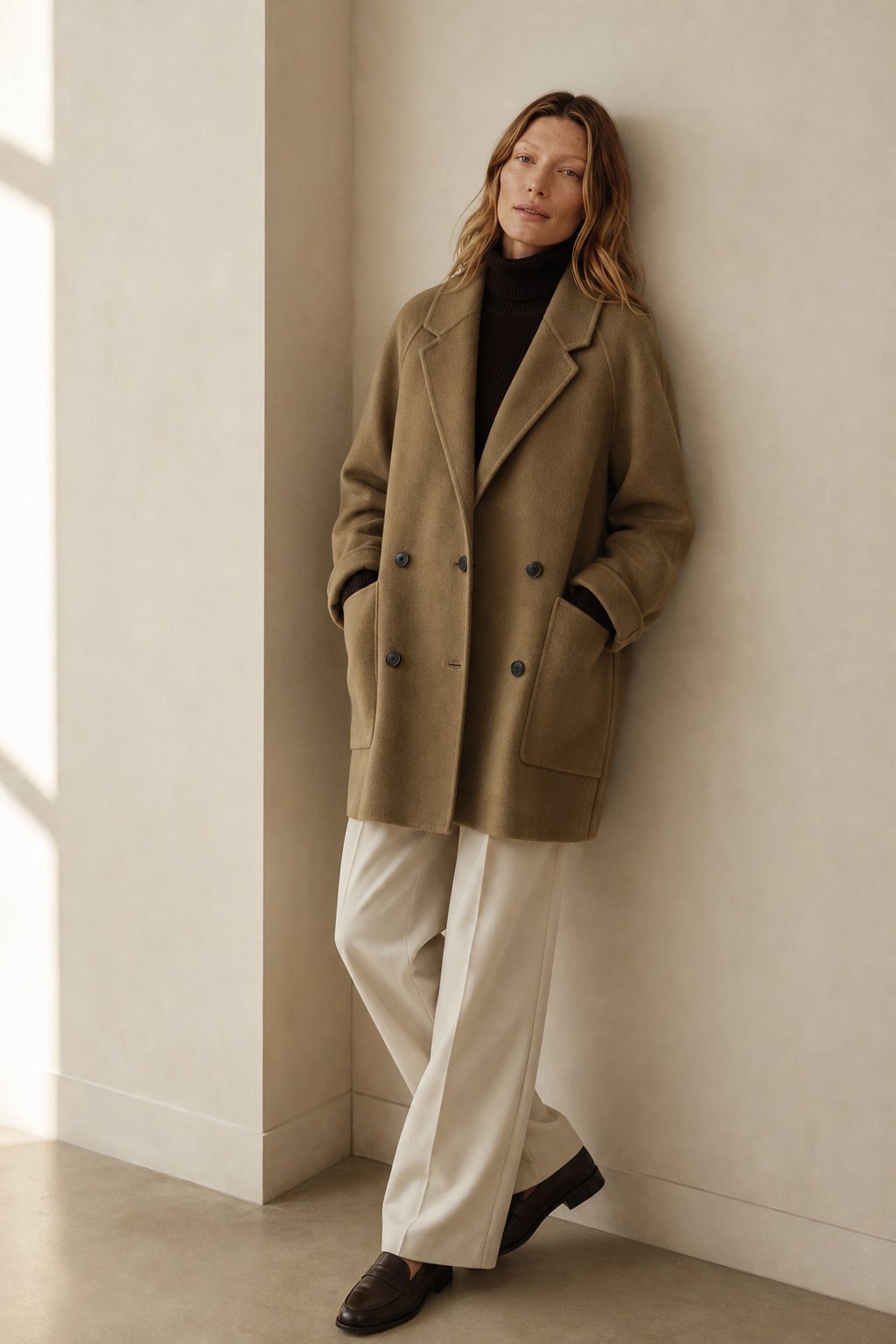 Women's Double Breasted Wool Blend Coat with Notch Lapel