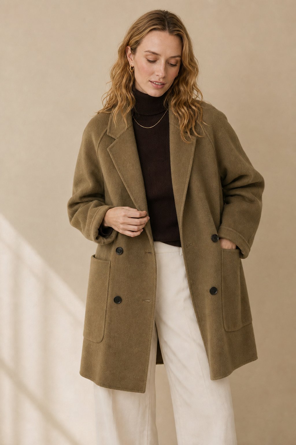 Women's Double Breasted Wool Blend Coat with Notch Lapel