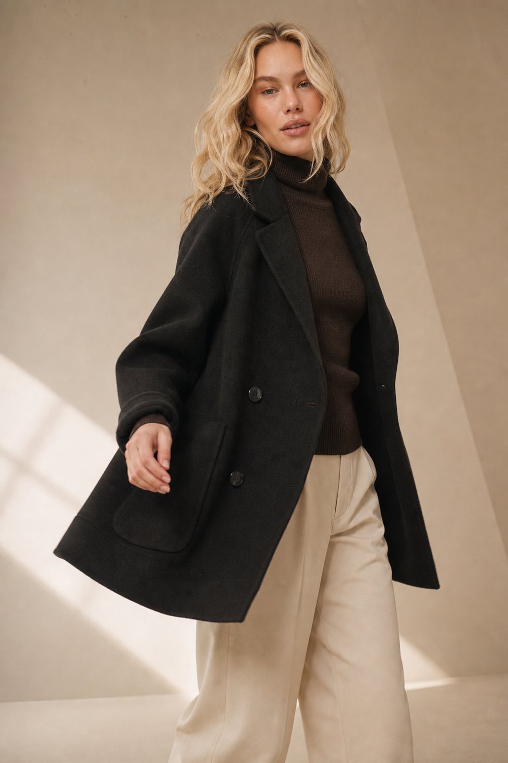 Women's Double Breasted Wool Blend Coat with Notch Lapel