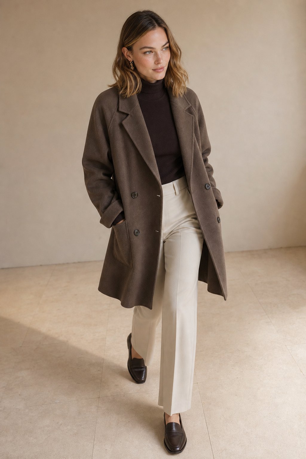 Women's Double Breasted Wool Blend Coat with Notch Lapel