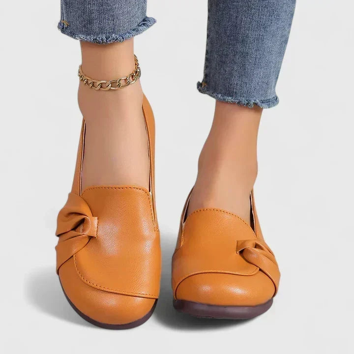 Women's Leather Slip On Loafers with Bow Detail and Round Toe