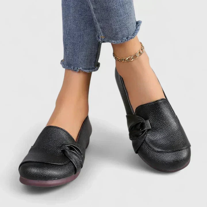 Women's Leather Slip On Loafers with Bow Detail and Round Toe