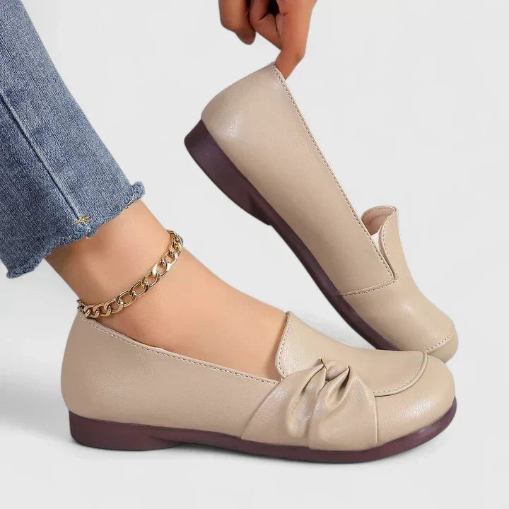 Women's Leather Slip On Loafers with Bow Detail and Round Toe