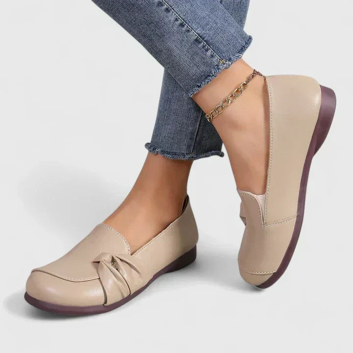 Women's Leather Slip On Loafers with Bow Detail and Round Toe