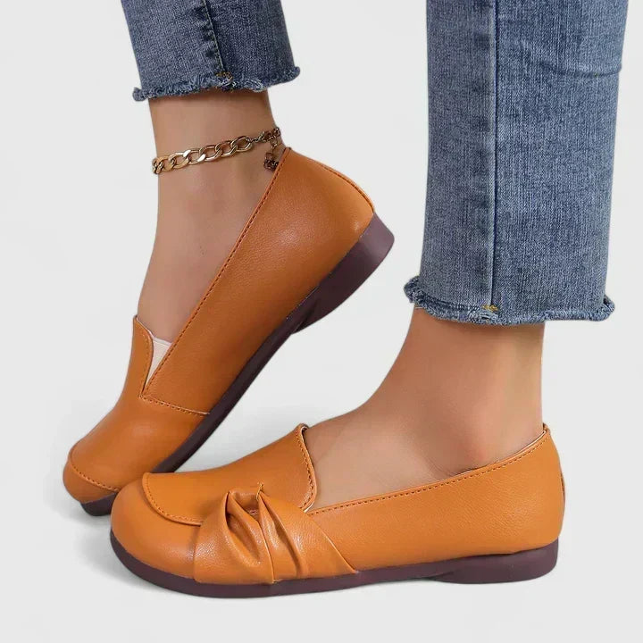 Women's Leather Slip On Loafers with Bow Detail and Round Toe